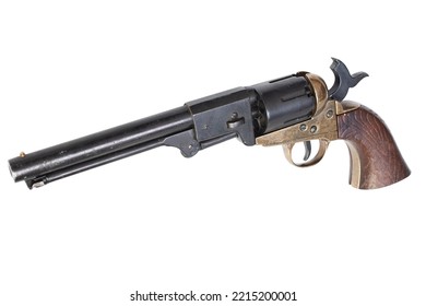 Old West Gun - Cocked And Locked Army Revolver Isolated On White Background