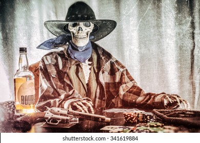 Old West Poker Skeleton Bourbon Gun. Old west bandit outlaw skeleton at a poker table with a pistol and bourbon edited in vintage film style.