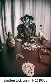 Old West Poker Skeleton Dead Mans Hand. Old west bandit outlaw skeleton at a poker table with a pistol and bourbon, cards showing aces and eights (dead man's hand) edited in vintage film style.