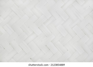 Old White Bamboo Weave Texture Background, Pattern Of Woven Rattan Mat In Vintage Style.