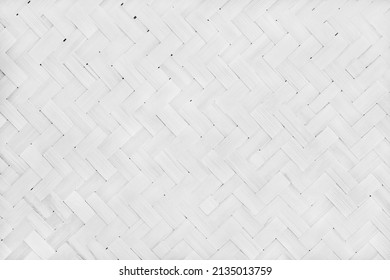 Old White Bamboo Weave Texture Background, Pattern Of Woven Rattan Mat In Vintage Style.