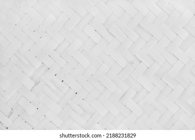 Old White Bamboo Weave Texture Background, Pattern Of Woven Rattan Mat In Vintage Style.