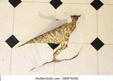 Old White And Black Speckled Linoleum Vinyl Floor Damaged With Tears In It With The Previous Floor Seen Underneath. 