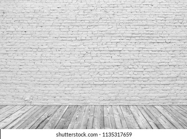 Old White Brick Wall And Wood Floor.