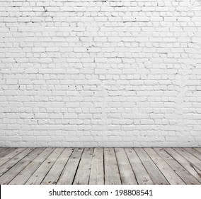 Old White Brick Wall And Wood Floor.