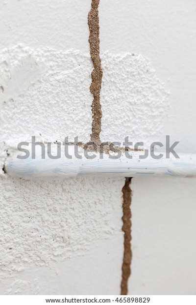 old white concrete wall and water pipe with\
termites route or mud tunnel (Tube of Subterranean Termites),\
Selective focus.