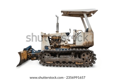 Old white dozer track-type or excavator bulldozer isolated on white background.