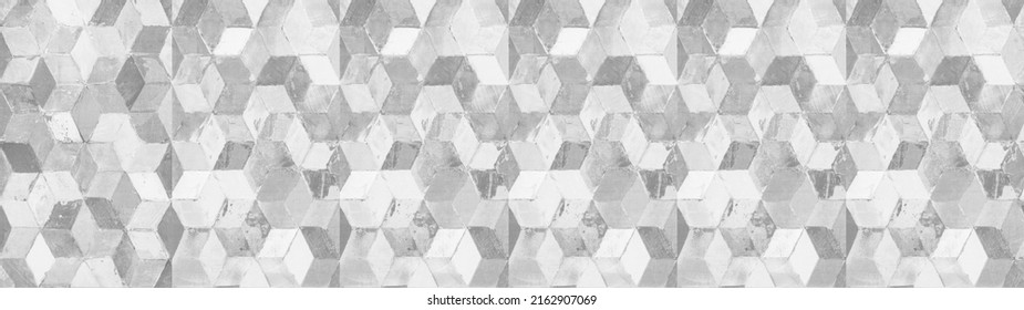 Old White Gray Grey Vintage Geometric Shabby Mosaic Motif Porcelain Stoneware Tiles Stone Concrete Cement Wall Wallpaper Texture Background Banner Panorama, With Square Cubes 3D Print