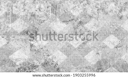 Old white gray grey vintage worn shabby elegant damask rue diamond floral leaves flower patchwork motif tiles stone concrete cement wall wallpaper texture background