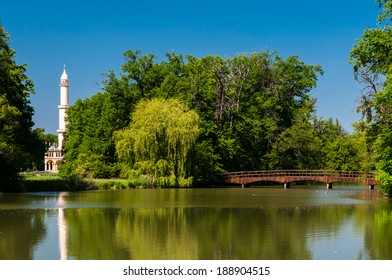 Old white minaret in the park, Lednice UNESCO site, Czech Republic.