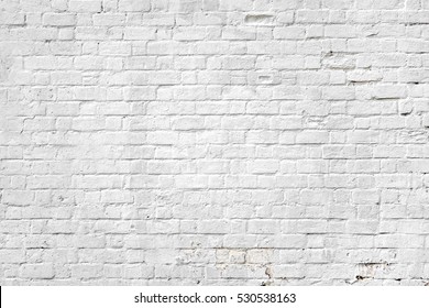 Old White Washed Brick Wall Abstract Horizontal Background Texture Or Studio Backdrop. Home Or Loft Design Element In Modern Vintage Style