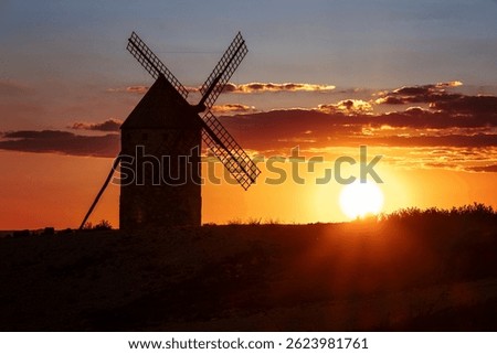 Old windmill in spring at sunset, Cuenca, Castilla la Mancha, Spain