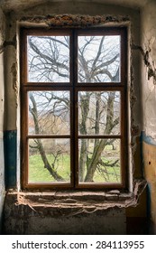 Old Window Of An Abandoned House. Inside The Old Castle