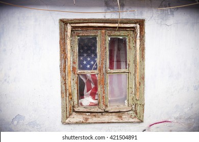 Old Window And Flag Of Usa