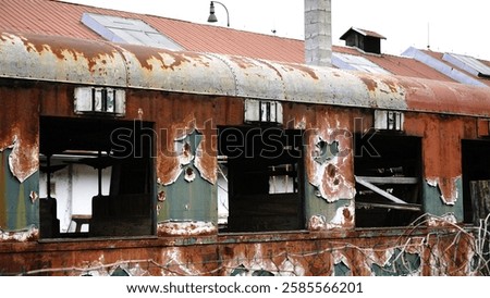 An old, windowless train car covered in rust, abandoned and weathered by time. The metal surface is corroded, with peeling paint and signs of decay, evoking a sense of history and forgotten journeys.
