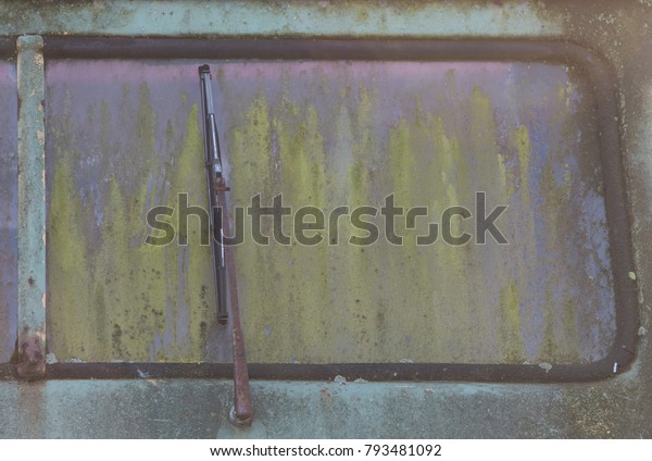 Old windscreen wiper on a car\
window that is covered with algae. The car is blue and\
rusty.