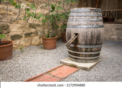 Old Wine Barrel Used As Water Butt In A Garden