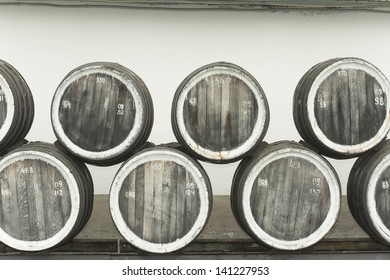 Old Wine Barrels At The Winery Closeup