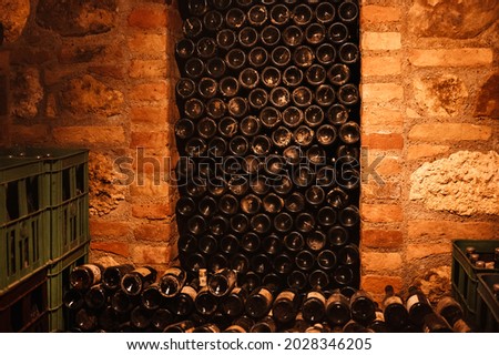 Old wine bottles dusting in an underground tratitional cellar. Small and old wine cellar with full wine bottles. Winery concept. Valtice Castle in South Moravia, Czech Republic, Europe