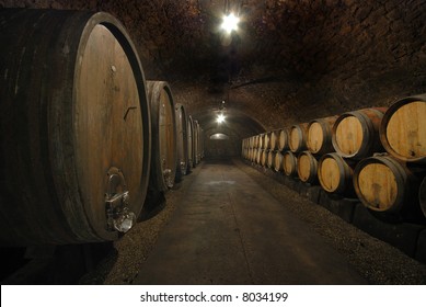 Old Wine Cave With Wooden Barrels