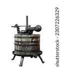 Old wine press isolated on white background. Vintage equipment for winemaking on a home winery. Old fashion wine making press with wooden cask and iron mechanery of hand screw.