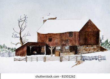 Old Winter Barn In Watercolors