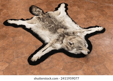 An old wolf pelt lay on tiled floor 