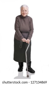 Old Woman With A Cane On A White Background