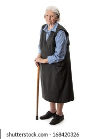 Old woman with a cane on a white background 