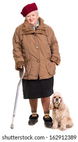 Old Woman With A Dog On A  White Background