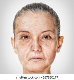Old woman face portrait, aging process concept