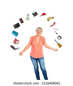 Old Woman Juggling Multiple Objects, Isolated On A White Background