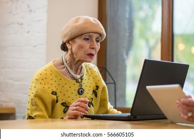 Old Woman With Laptop. Senior Lady Indoors. Fix Problems With Os.