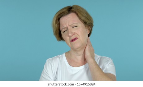 Old Woman with Neck Pain, Blue Background