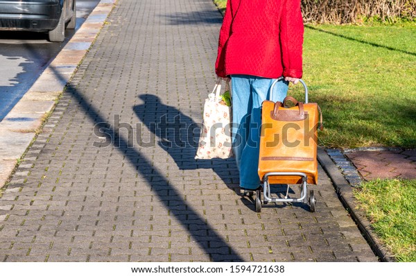 Old woman with shopping\
trolley