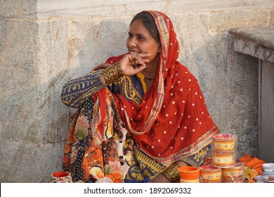 An Old Woman Sitting On Indian Street Market And Selling Colorful Bangles. Lady Selling Bangles On The Streets Of Udaipur City. : Udaipur India - June 2020. CDB