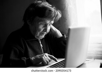 An Old Woman Studying On The Computer In Her Home. Black And White Photo.