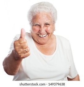 old woman thumb up on a white background