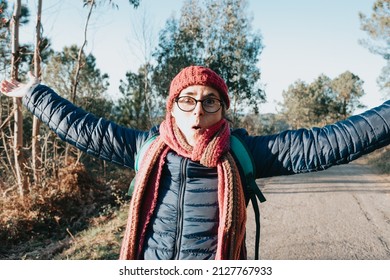 Old Woman Waving Arms Excited Portrait Wearing A Hat For Spring And Winter Smiling Toc Amera. Senior People Mental Health Activities Outdoors, Active Lifestyle On Third Age. Happy Grandma