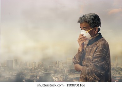 old woman wearing face mask because of air pollution in the city has a health effect. Ecology, Environmental awareness and virus protection concept, healthcare concept
