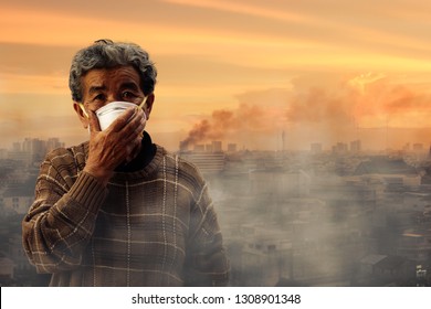 Old Woman Wearing Face Mask Because Of Air Pollution In The City Has A Health Effect. Ecology, Environmental Awareness And Virus Protection Concept, Healthcare Concept