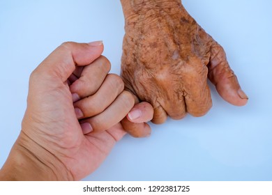 Old woman and young man making pinky swear on isolated background use for valentine concept and family day background