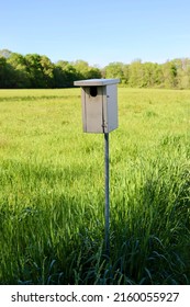 The Old Wood Birdhouse In The Country Field On A Sunny Day.