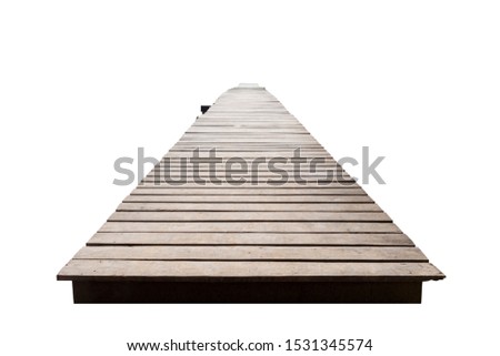 Old wood bridge brown isolated on the white background which has walk way for travel tourism for holiday destination for tourists. With clipping path.