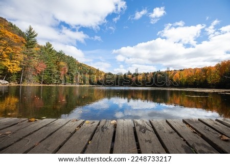 The old wood dock with the autumn forest landscape in the background reflected on the still waters of the lake 