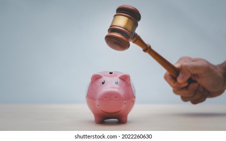 Old wood Judge hammer with Happy Pink piggy Bank in close-up and coins stack the table wood background, Used for adjudication and Justice,Bank account arrest concept