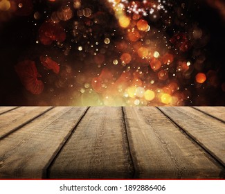 Old Wood Table With Blured Abstract Bokeh Background