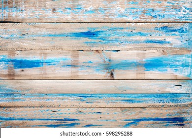 Old Wooden Background With Blue Paint. Vintage Wood Texture From Beach In Summer.