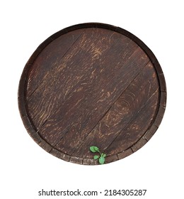 Old wooden barrel with green leaves isolated on white.