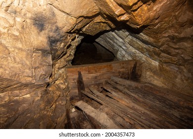 Old Wooden Barricade In An Abandoned Coal Mine Tunnel.